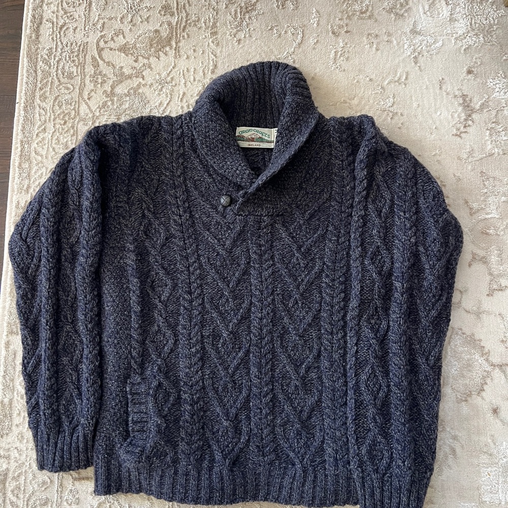 Aran Crafts Mens Wool shawl collar sweater - CORMORANT BLUE